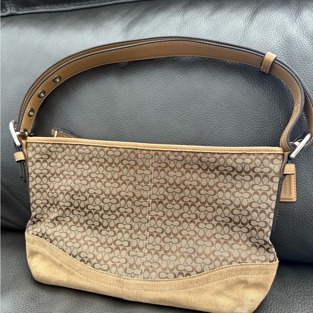 Coach Signature Canvas/Suede Tan Convertible Shoulder bag F10945